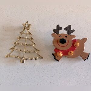 Vintage Hallmark Flying Reindeer Brooch + Gold Christmas Tree Pin